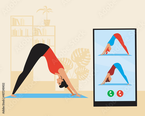 Online yoga remotely, smartphone with yoga class and female group, flat vector stock illustration with activity remotely