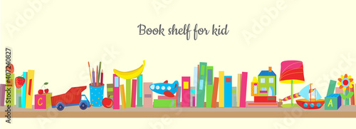 Bookshelf for kid with books and toys cute vector graphic illustration