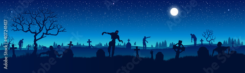 Panorama of the zombie apocalypse on the background of the cemetery. Silhouettes of scary zombies walking through the cemetery. Starry sky. Vector illustration for Halloween.