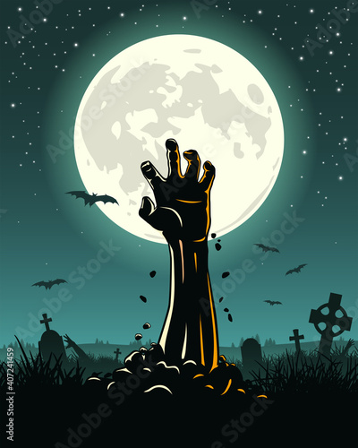 Halloween label with zombie hand from the ground in the cemetery. Zombie party. Vector illustration.