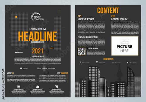 Vector flyer, corporate business, annual report, brochure design and cover presentation with vector city in orange color on black