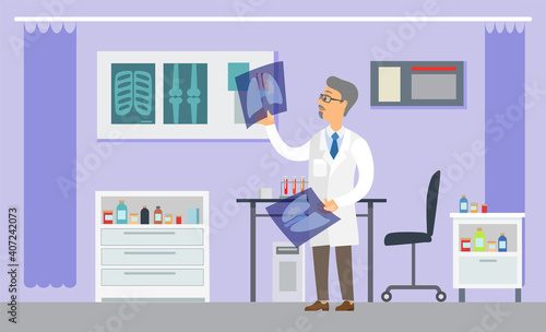 Professional radiologist male character in hospital office. Cancer disease diagnostic and treatment. Doctor examining a lung radiography holding X-ray picture. Man in white coat is looking at a photo