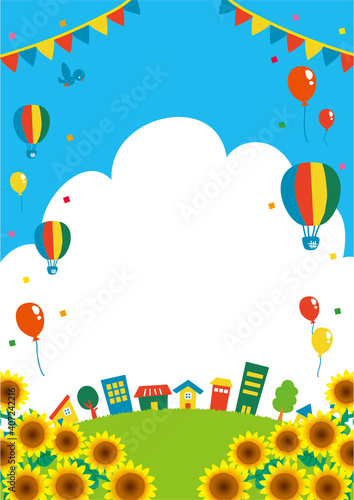 気球と風船が飛んでいる夏の青空と街並みとひまわり畑のイラスト
