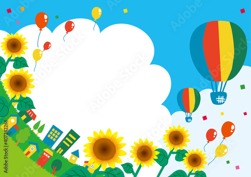 気球と風船が飛んでいる夏の青空と街並みとひまわり畑のイラスト　横2