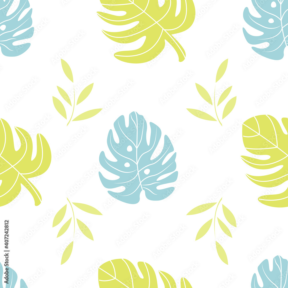 Fototapeta premium Vector tropical leaves seamless repeat pattern design background. Perfect for modern wallpaper, fabric, home decor, and wrapping projects.