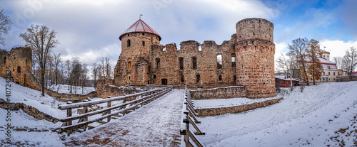 View of the ruins of the Cesis Castle. Latvia. The city of Cesis. Panorama.