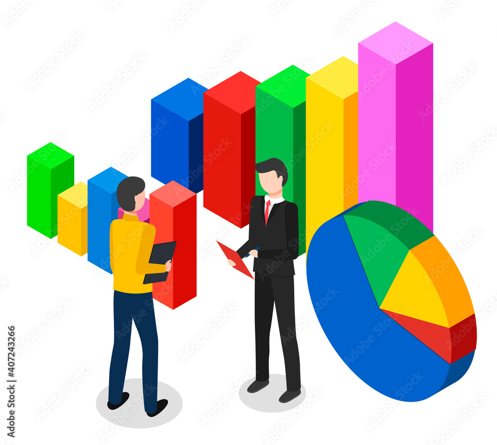 Isometric 3D cartoon image of huge bar and pie charts. Multicolored geometric volumetric shapes. Symbolic graphs, charts. Two businessmen standing and talking, holding tablets in hands. E-commerce Isometric 3D cartoon image of huge bar and pie charts. Multicolored geometric volumetric shapes. Symbolic graphs, charts. Two businessmen standing and talking, holding tablets in hands. E-commerce
