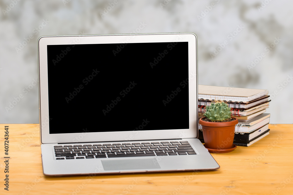 Notebook with notebooks and green succulent on a wooden table. mockup for text Notebook with notebooks and green succulent on a wooden table. mockup for text