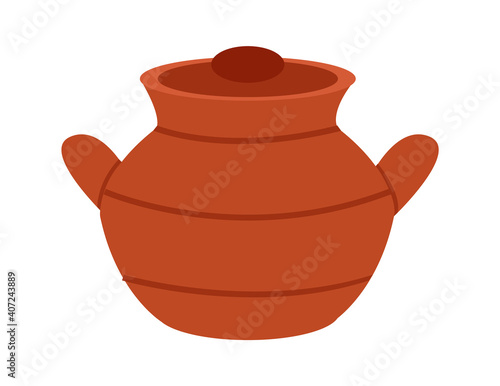 A clay dishes kitchen utensil isolated on a white background. Covered brown pan flat vector illustration. Dishes for boiling and cooking at home. Pan with lid and handles equipment for dining room