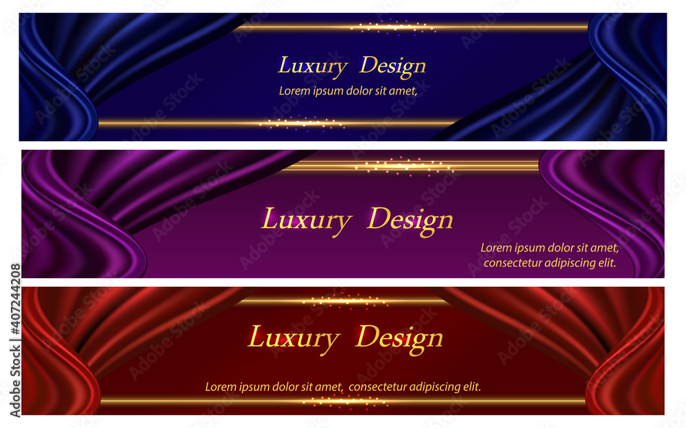 Set of luxury banner background. Silk curtain drapery and golden glowing frame border. Deep blue, royal red and magic purple colorful design. Vector illustration
