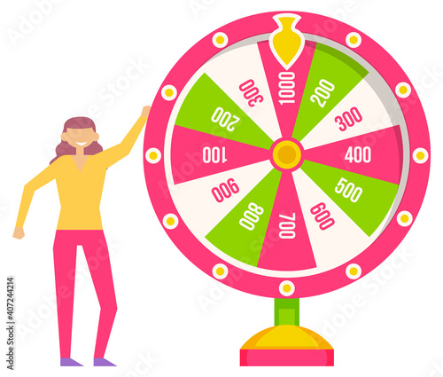 Game fortune wheel. Girl playing risk game with fortune wheel and lottery. Casino and gambling vector. Illustration of casino fortune, wheel winner game. Woman won, joyfully raised her hands up