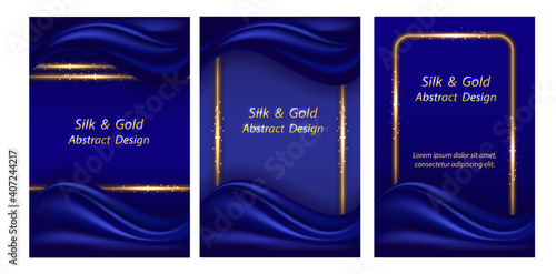 Luxury background with blue silk wave and golden glowing borders, Smooth realistic deep blue satin texture curtain and golden shine. Banner or poster design. Vector illustration