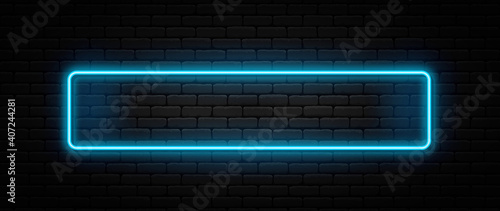 Neon sign in rectangle shape. Bright neon light, illuminated rectangle frame. Glowing blue neon tube on dark background. Signboard or banner template in 80s and 90s style