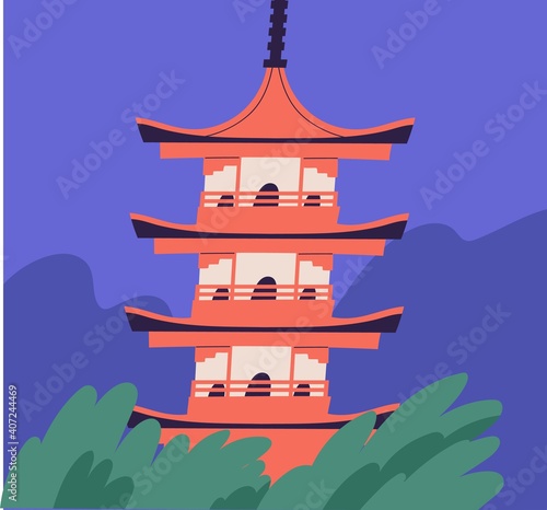 Japanese pagoda building. Asian traditional architecture. Buddhist multistory temple. Religious tiered tower in Chinese style. Colored flat vector illustration