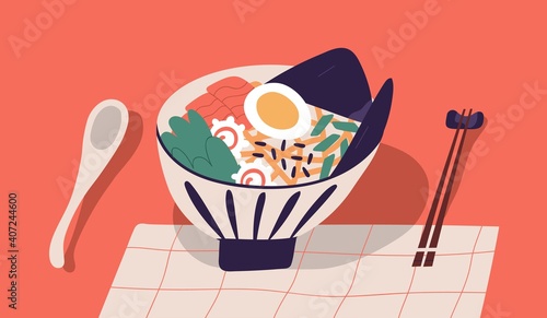 Bowl with ramen served with chopsticks and spoon. Japanese noodle soup with shrimps, salmon, egg, nori, spinach and sesame seeds. Traditional Asian food. Colored flat vector illustration