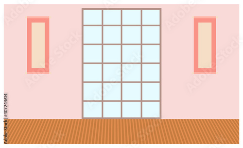 Modern narrow window with transparent glass in a thin frame and pictures on the wall. Vector graphics. The interior of the room. Apartment design element, architectural part of the building