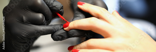 A professional manicurist provides services to women. Beautiful and well-groomed hands with a perfect shape of nails