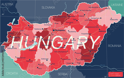 Hungary country detailed editable map with regions cities and towns, roads and railways, geographic sites. Vector EPS-10 file