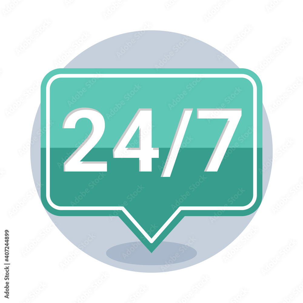 24 7 icon. Service or customer support is open 24 hours a day, 7 days a week. Vector illustration 24 7 icon. Service or customer support is open 24 hours a day, 7 days a week. Vector illustration
