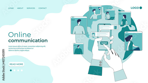 Online communication of people using a smartphone.Teleconferencing, remote work, freelancing, and online education.People on the background of the globe.The template of the landing page.