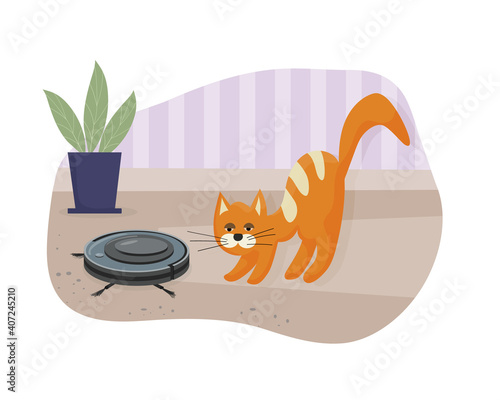 Wireless robot vacuum cleaner is an indispensable helper in the house. The domestic cat plays with vacuum cleaner. Modern smart home appliances for cleaning apartments. Flat vector illustration.