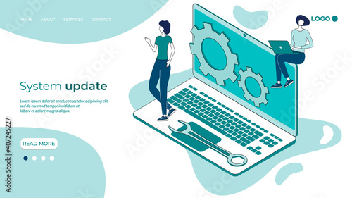 System update .Operating system maintenance.The modern concept of maintenance of operating systems for web design. Communication technology.Business concept.Isometric vector image.3D-image.