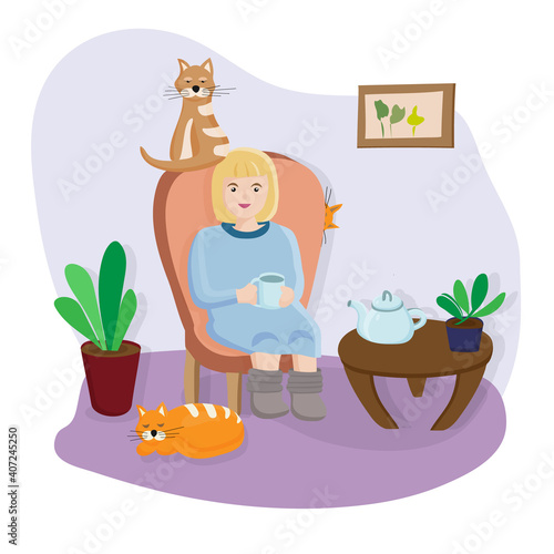 A woman sits at home in a chair with her pets. Time for tea. Find the cat who is hiding. Count the cats. Cozy living room interior with flowers and a picture on the wall. animals best friends. vector. © Ольга Дубровина