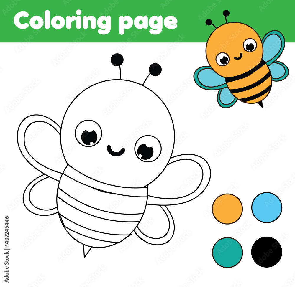 Coloring page with cartoon bee. Drawing kids activity. Printable fun ...