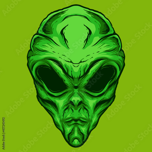 Green alien head illustration logo design
