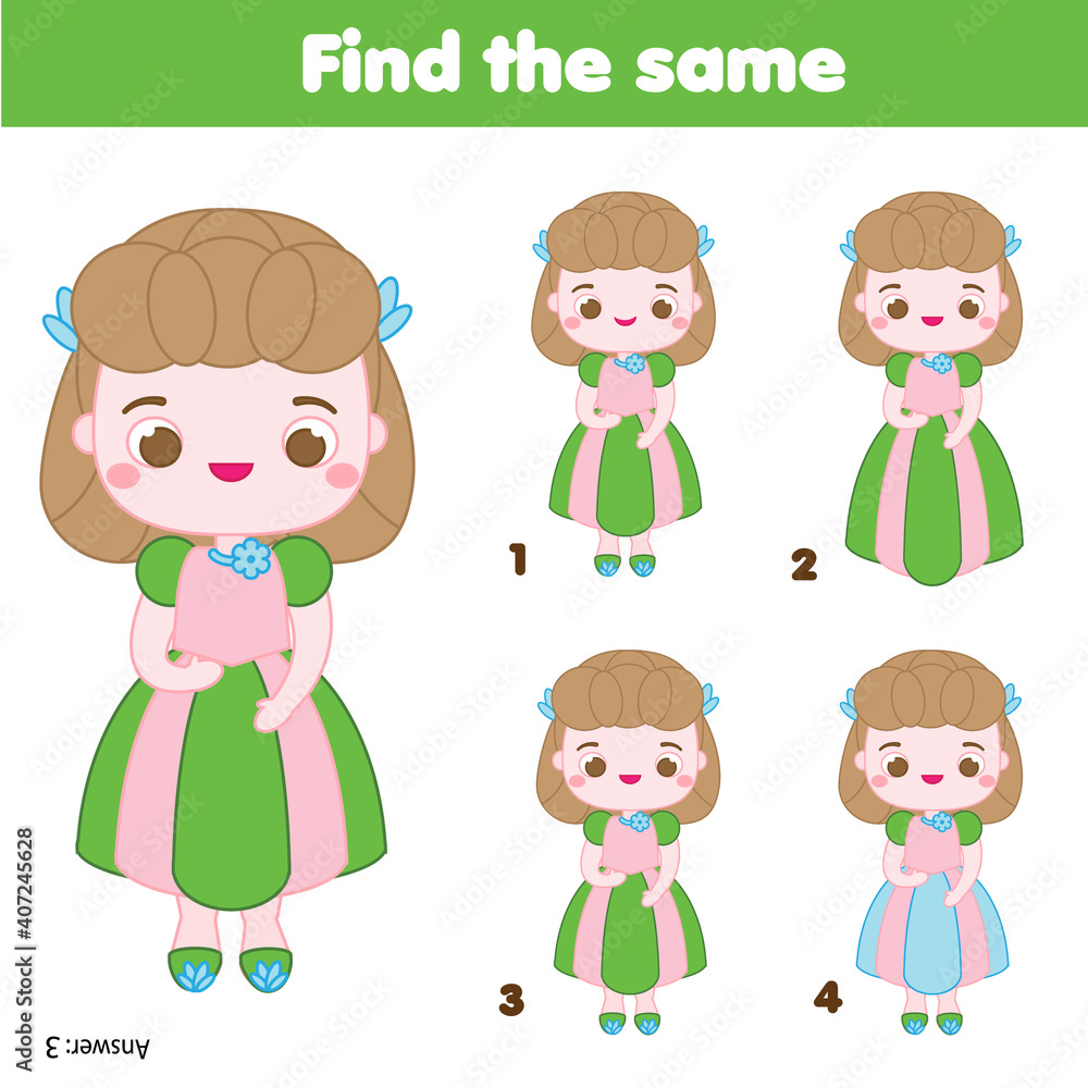 children educational game. Find same pictures. Find two identical girls. Princess theme fun for kids and toddlers children educational game. Find same pictures. Find two identical girls. Princess theme fun for kids and toddlers