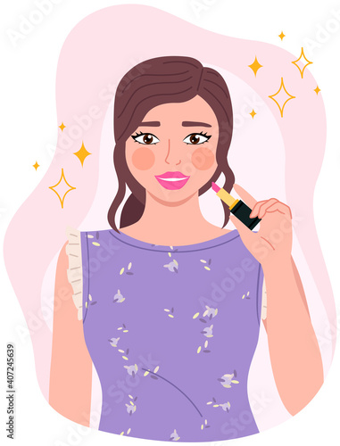 Beautiful young girl makes look and does makeup, looks after beauty and paints lips isolated on white. Female character painted with pink lipstick. Brown-eyed woman with ruddy cheeks portrait