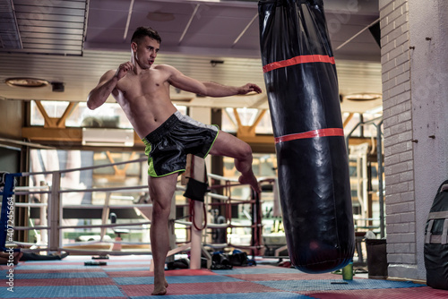 Young handsome kick boxer training hard and preparing for fight, kicking and punching heavy boxing bag. Fighter working out at gym © Vladimir Borovic