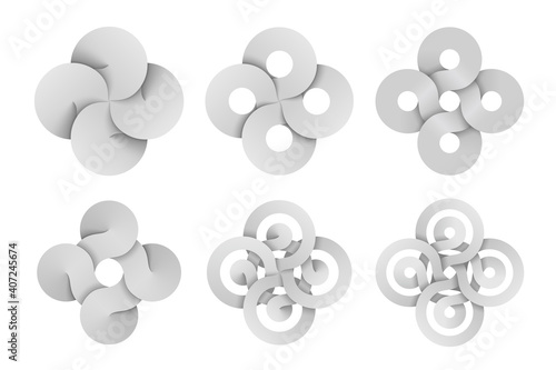 Set of cross signs made of three connected disks and rings made of different types intersection. Vector illustration.