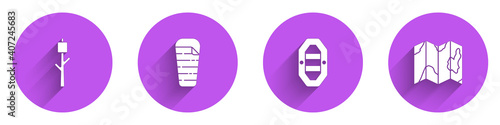 Set Marshmallow on stick, Sleeping bag, Rafting boat and Location of the forest map icon with long shadow. Vector.