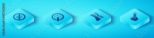Set Isometric Stop GMO, Petri dish with bacteria, Genetically modified apple and DNA research, search icon. Vector.