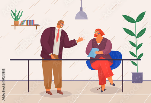 Businesswoman sitting at desk with clip board in office interior engaged in project management. Male character talking to lady boss, explains something to her. Business meeting colleagues or partners.