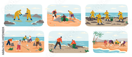 People with garbage on beach. Active people cleaning toxic seaside. Collaboration of volunteers clean up waste on ocean or sea coast, collecting plastic trash ecology protection. Save dolphins turtles