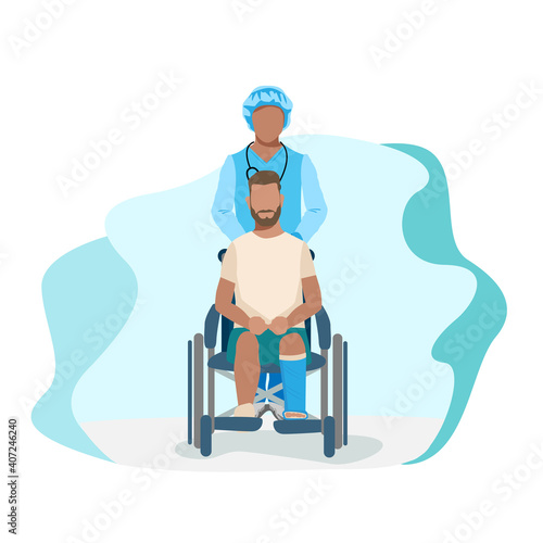A nurse is driving a patient with a broken leg in a wheelchair. Doctor and patient. Flat background vector illustration.