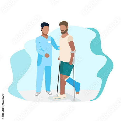 A nurse helps a patient with a broken leg walk on crutches. Doctor and patient. Flat background vector illustration.