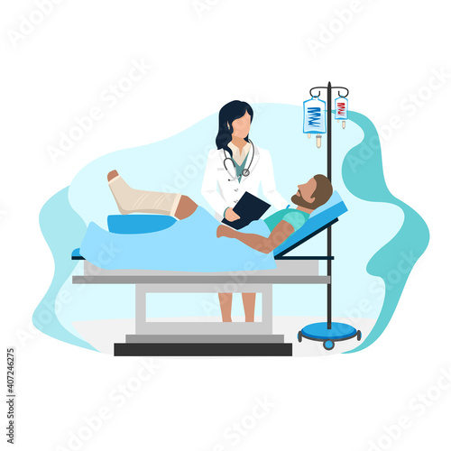 A man with a broken leg lies in the hospital next to a doctor. Patient and doctor. Background vector illustration.