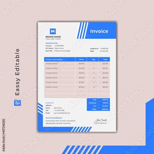Business invoice form template. money bills or price invoices and payment agreement design template. payment receipt page vector with Blue Accents.