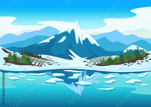 Spring landscape with a river, mountains in the snow, forest, fields, melting snow. Beautiful spring background illustration. Vector