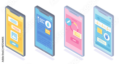 Set of flat isometric smartphones illustration. Online communication between doctor and patient. Drugs prescription, diagnosis tests, cardiological consultation. Medical communication and healthcare