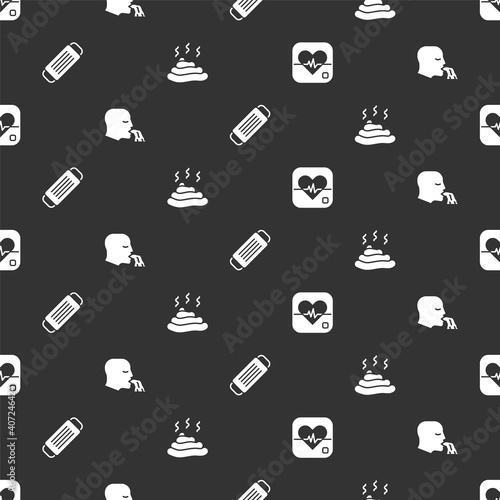 Set Heart rate, Vomiting man, Medical protective mask and Shit on seamless pattern. Vector.