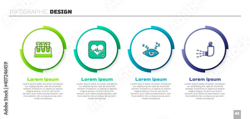 Set Test tube with blood, Heart rate, Insomnia and Inhaler. Business infographic template. Vector.
