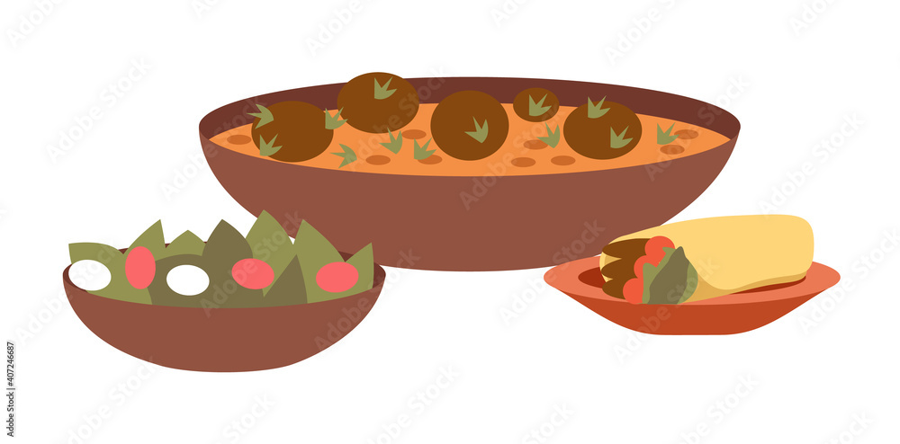 Arabic cuisine dishes vector illustration. Local food emblem isolated on a white background. Template for arabic cafe or restaurant. Demonstration of serving salad and shawarma. Deep bowl of hummus