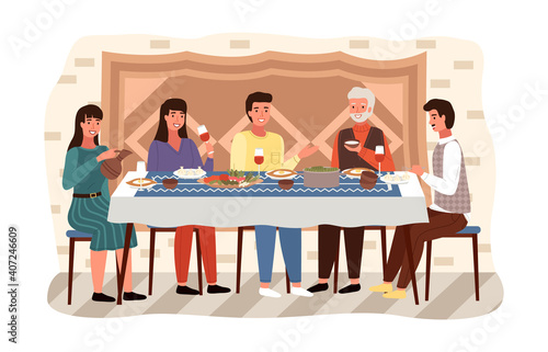 Table with khinkali and adjarian khachapuri. Arrangement of furniture. People eating traditional georgian food. Family is sitting at festive table and having dinner. Relatives celebrate the holiday