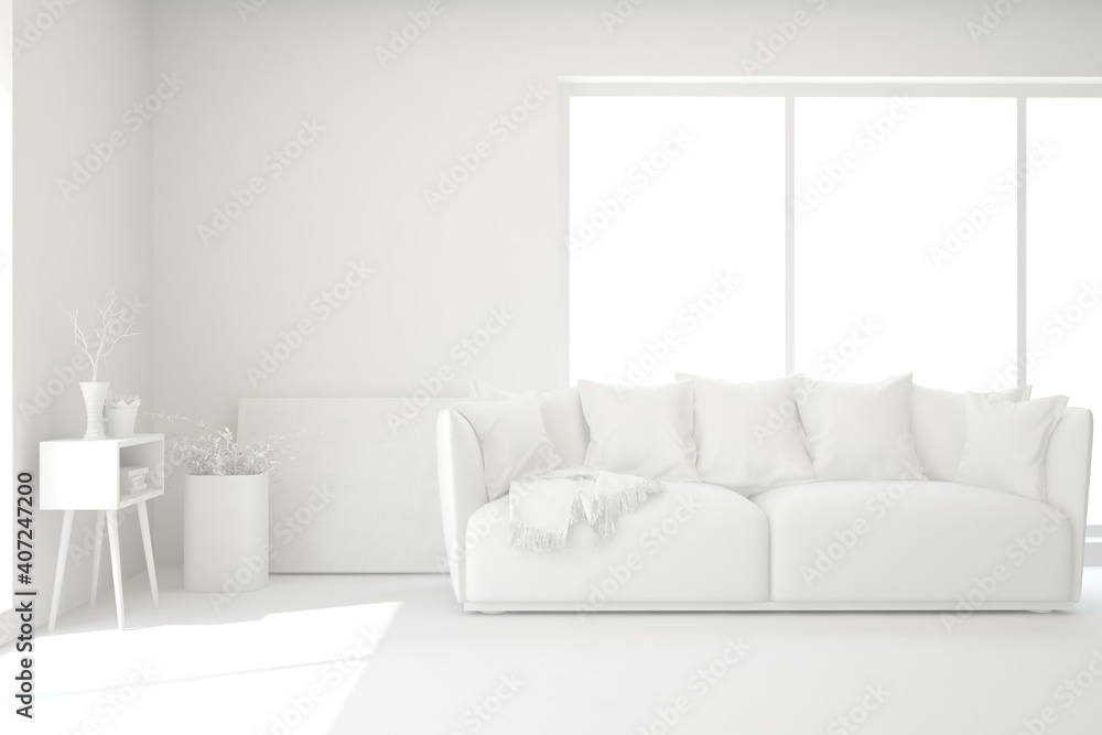 Fototapeta premium White minimalist living room with sofa. Scandinavian interior design. 3D illustration