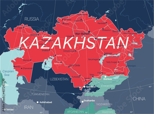 Kazakhstan country detailed editable map with regions cities and towns, roads and railways, geographic sites. Vector EPS-10 file