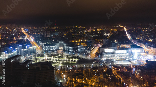 Freedom Svobody Square  Kharkiv  and city central park aerial view at night with New year holidays and Christmas tree decorations with colorful illumination